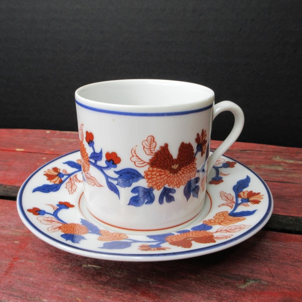 Vtg Fitz Floyd FF Floral Demitasse Espresso Cup & Saucer White Blue Orange Red‎